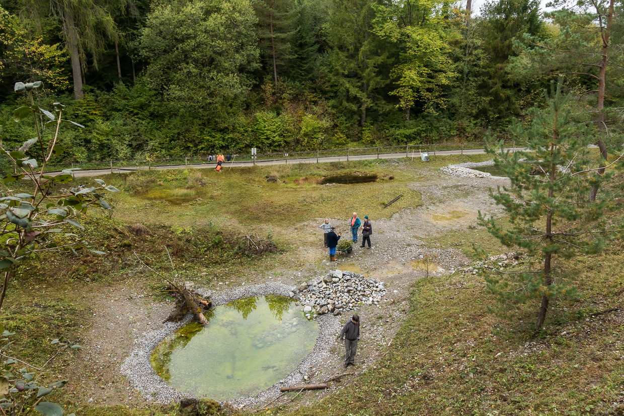 Blick von oben auf die Zollestergrube mit den Helfenden